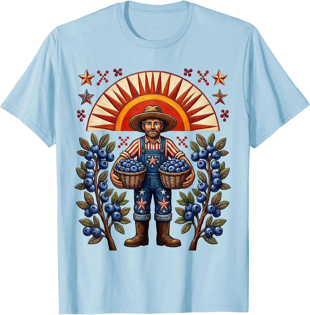 Men's Patriotic Blueberry Harvest Sunrise Farmer Design T-Shirt - Baby Blue
