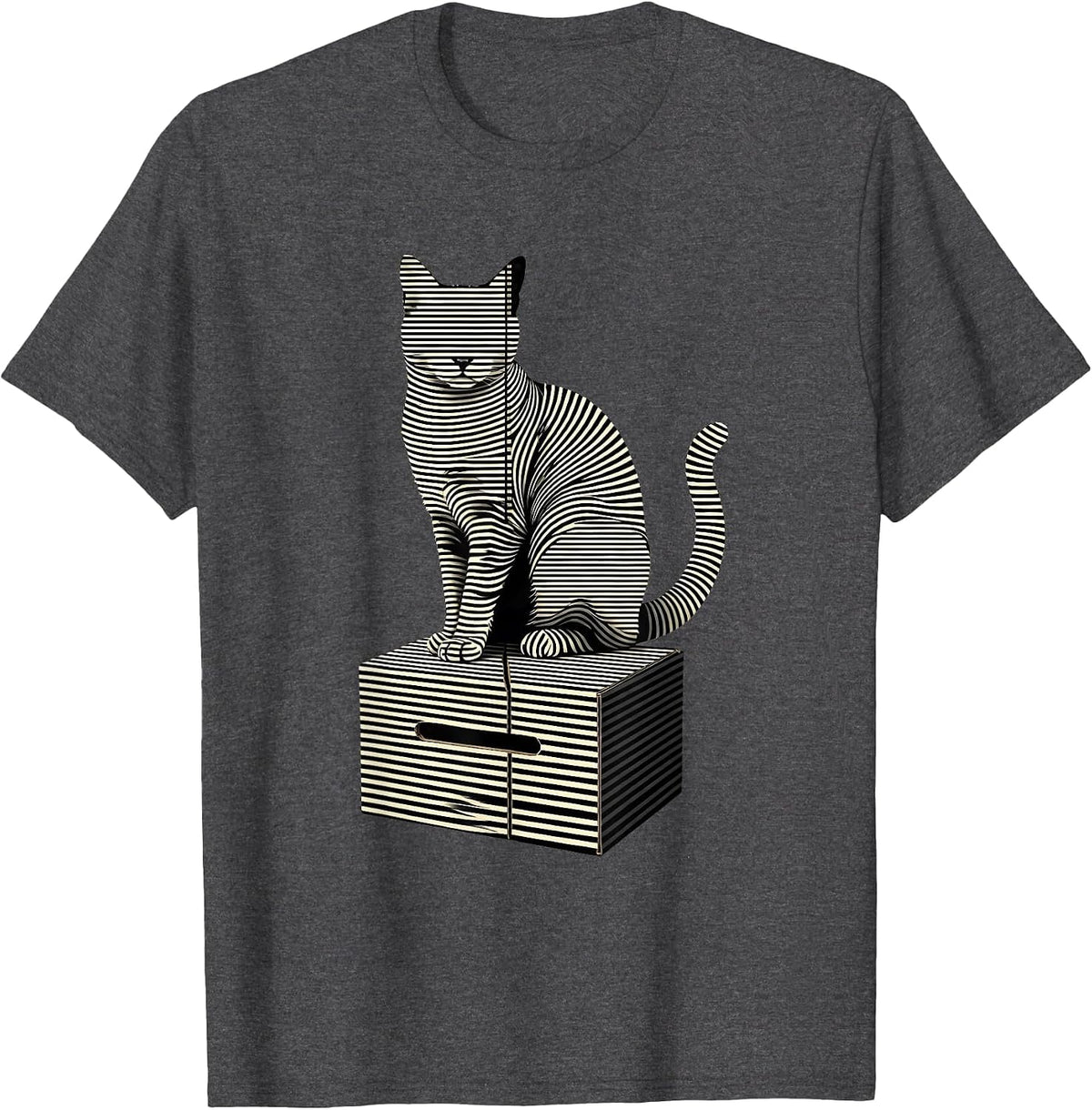 Seated Cat Quantum Physics Stripe Graphic Science Humor T-Shirt - Dark Heather Grey