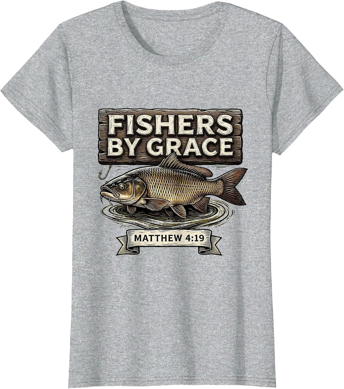 Women's Fishers By Grace Matthew 4:19 Christian Fishing Father T-Shirt - Heather Grey