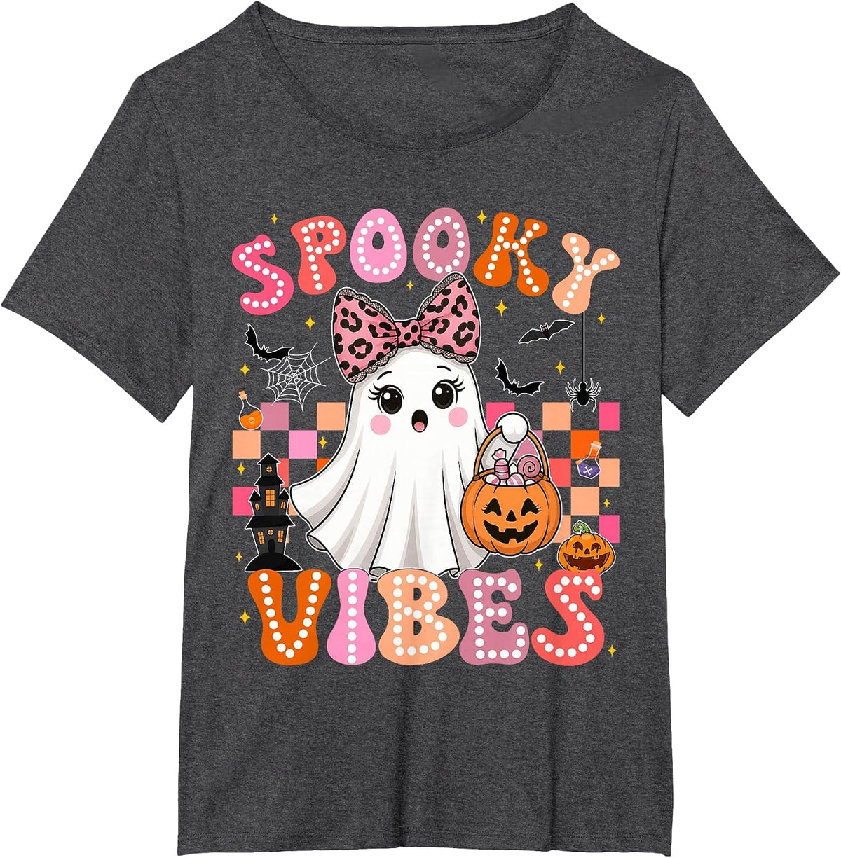 Groovy Spooky Vibes Cute Boo Ghost Halloween Costumes Girls T-Shirt - Dark Heather Grey