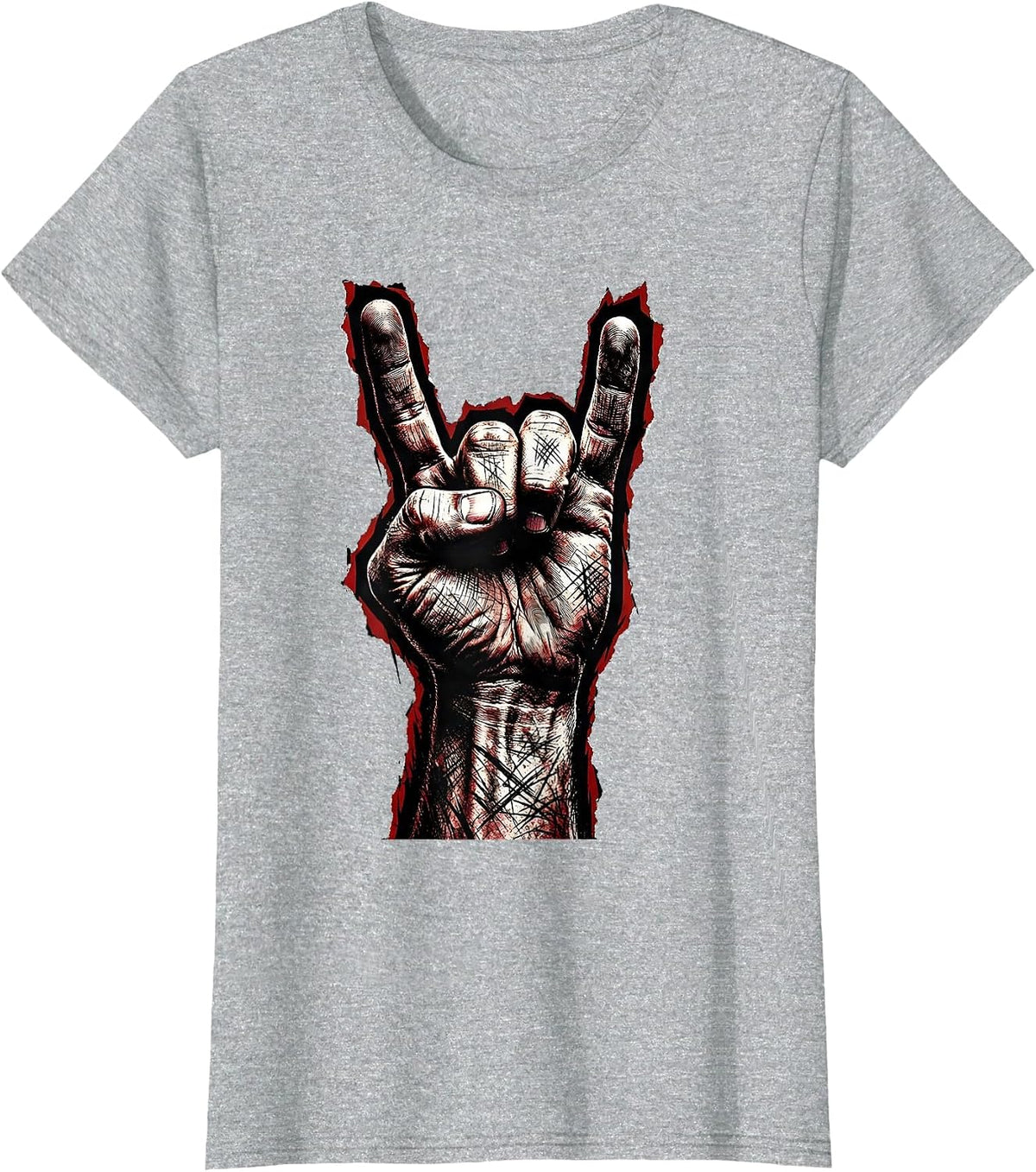 Giant Devil Horns Hand Heavy Metal Graphic T-Shirt - Heather Grey
