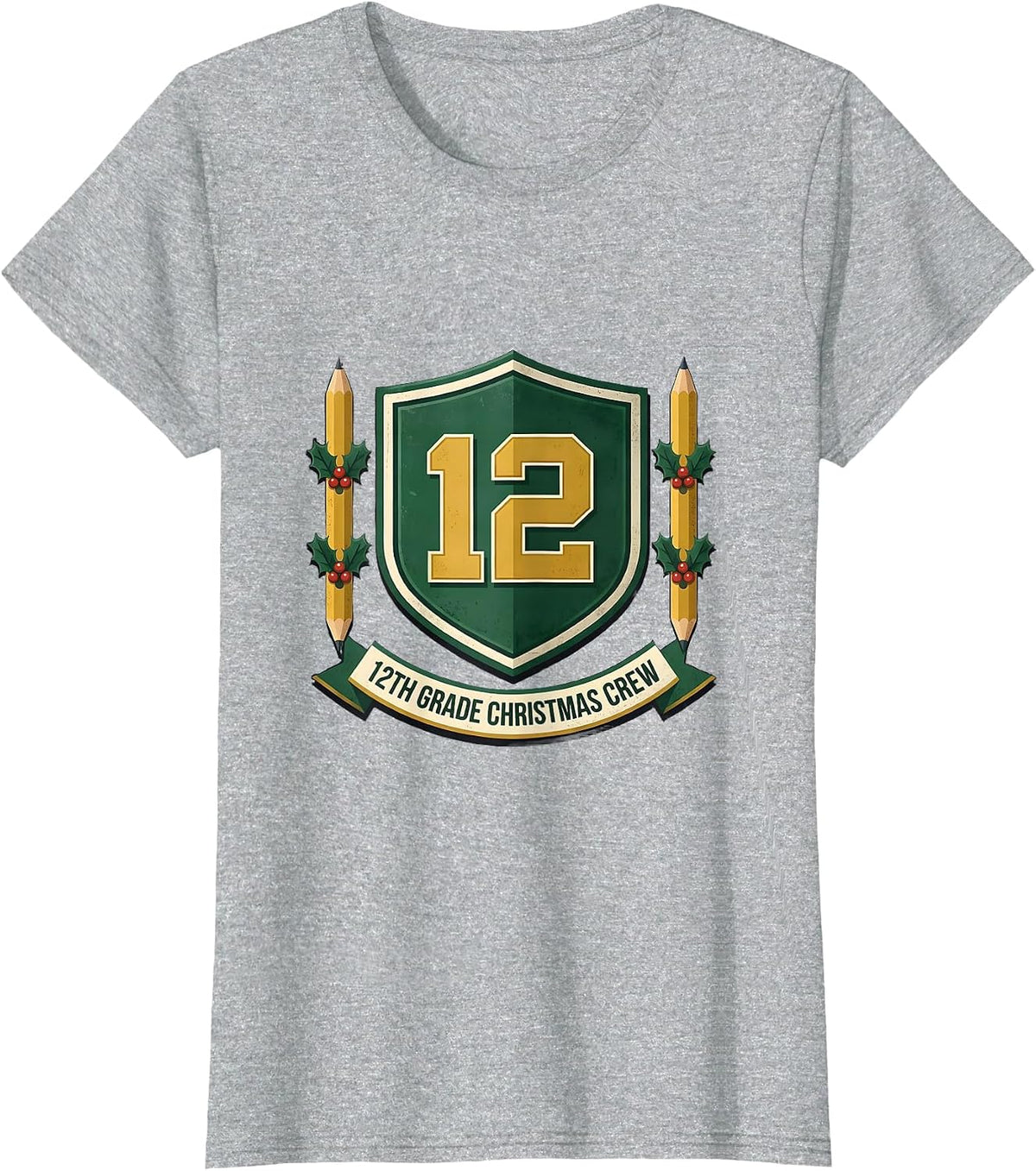 Women's 12th Grade Christmas Crew Emblem Teacher Holiday Humor T-Shirt - Heather Grey