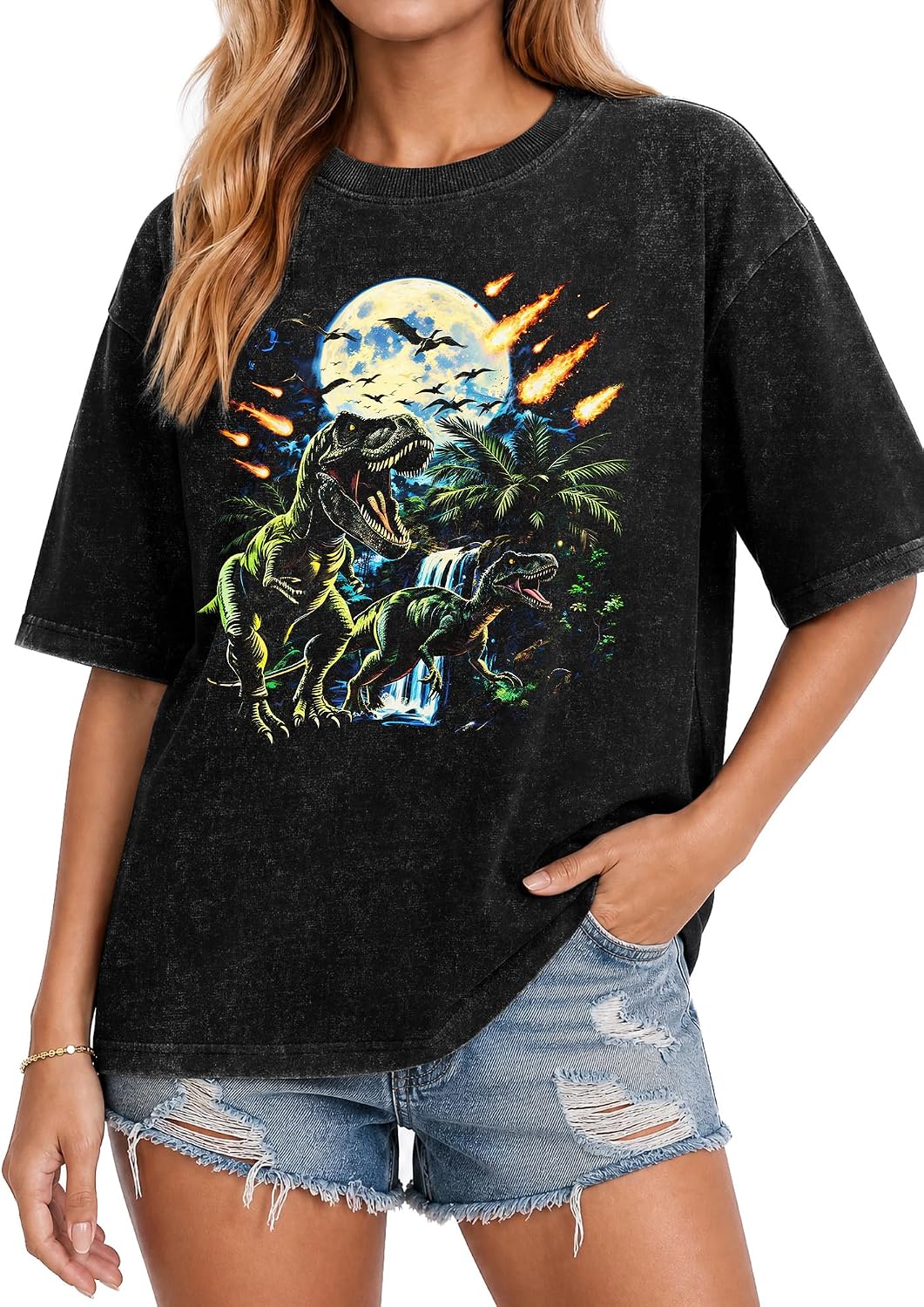 Women Dinosaur Shirt Retro Wolf Graphic T-Shirt Vintage Tee - Black-03