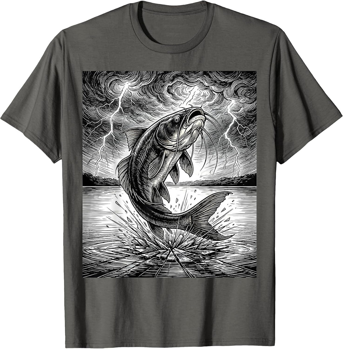 Men's Catfish Leaping From Lake Into Storm Graphic T-Shirt - Asphalt Grey