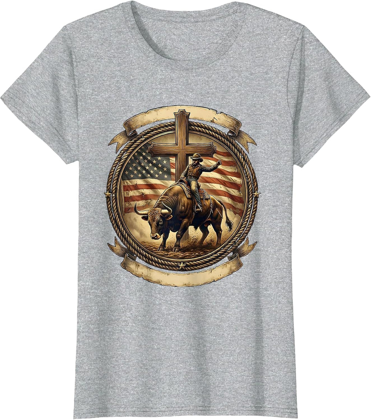 Women's Rodeo Bull Riding Graphic - USA Cowboy Bucking T-Shirt - Heather Grey