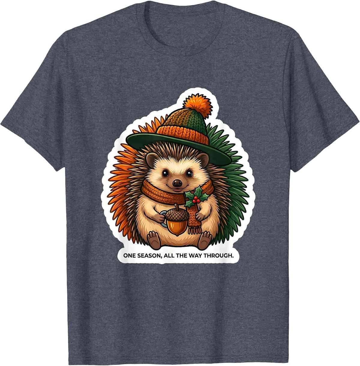One Season All The Way Through Festive Hedgehog Holiday T-Shirt - Heather Blue