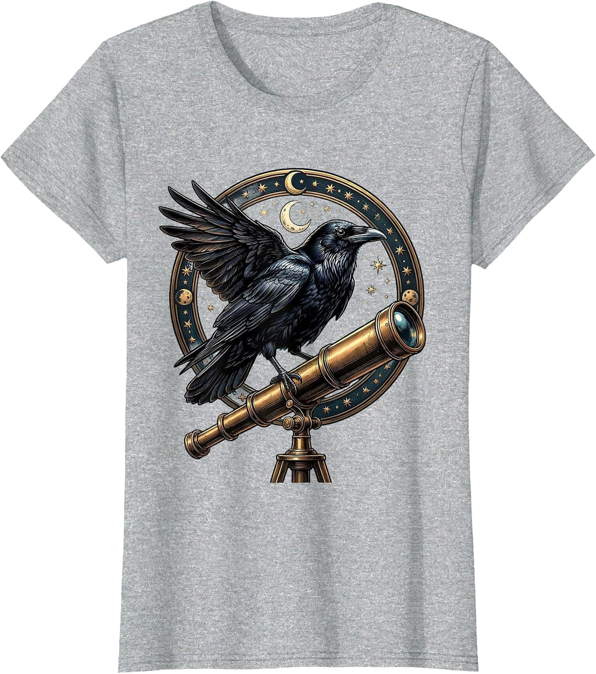 Women's Crow Perched on Telescope Astronomy Illustration T-Shirt - Heather Grey
