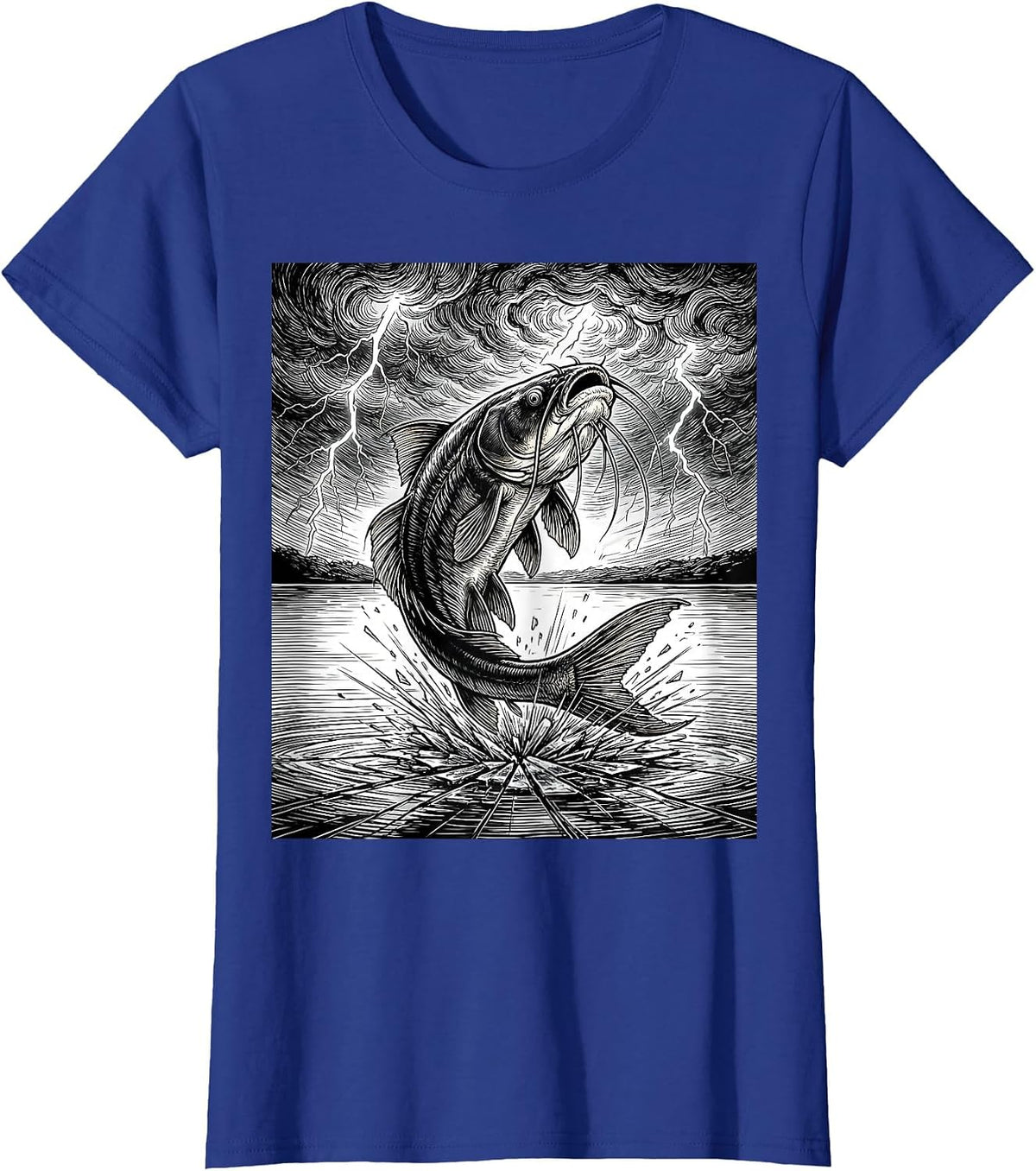 Women's Catfish Leaping From Lake Into Storm Graphic T-Shirt - Royal Blue
