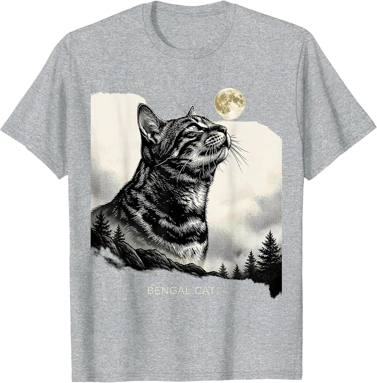 Men's Bengal Cat Howling at Moon Retro Fantasy Novelty T-Shirt - Heather Grey