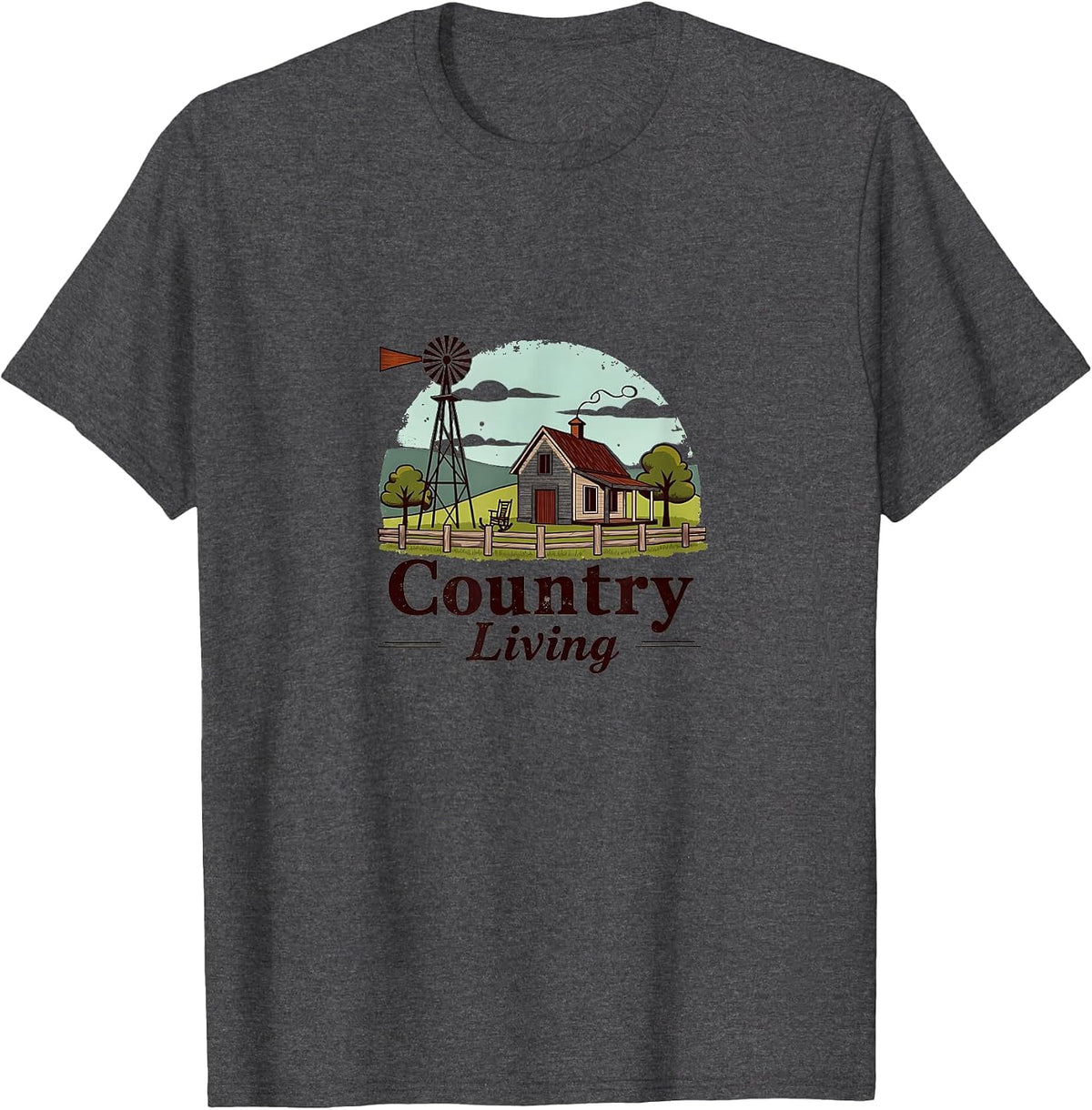 Country Living Farmhouse Windmill Scene Rustic T-Shirt - Dark Heather Grey