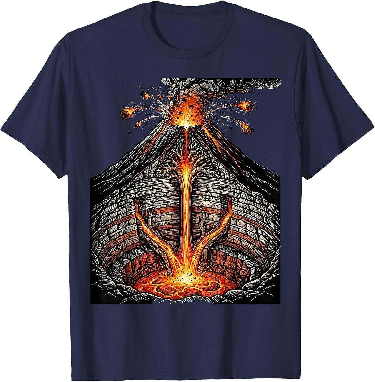 Volcano Cross-Section Eruption Science Teacher T-Shirt - Navy Blue