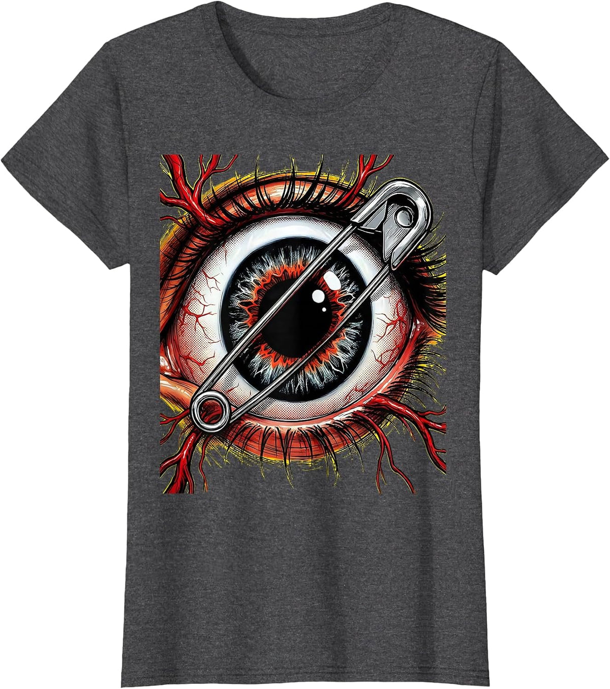 Women's Punk Eyeball Safety Pin Graphic Design T-Shirt - Dark Heather Grey
