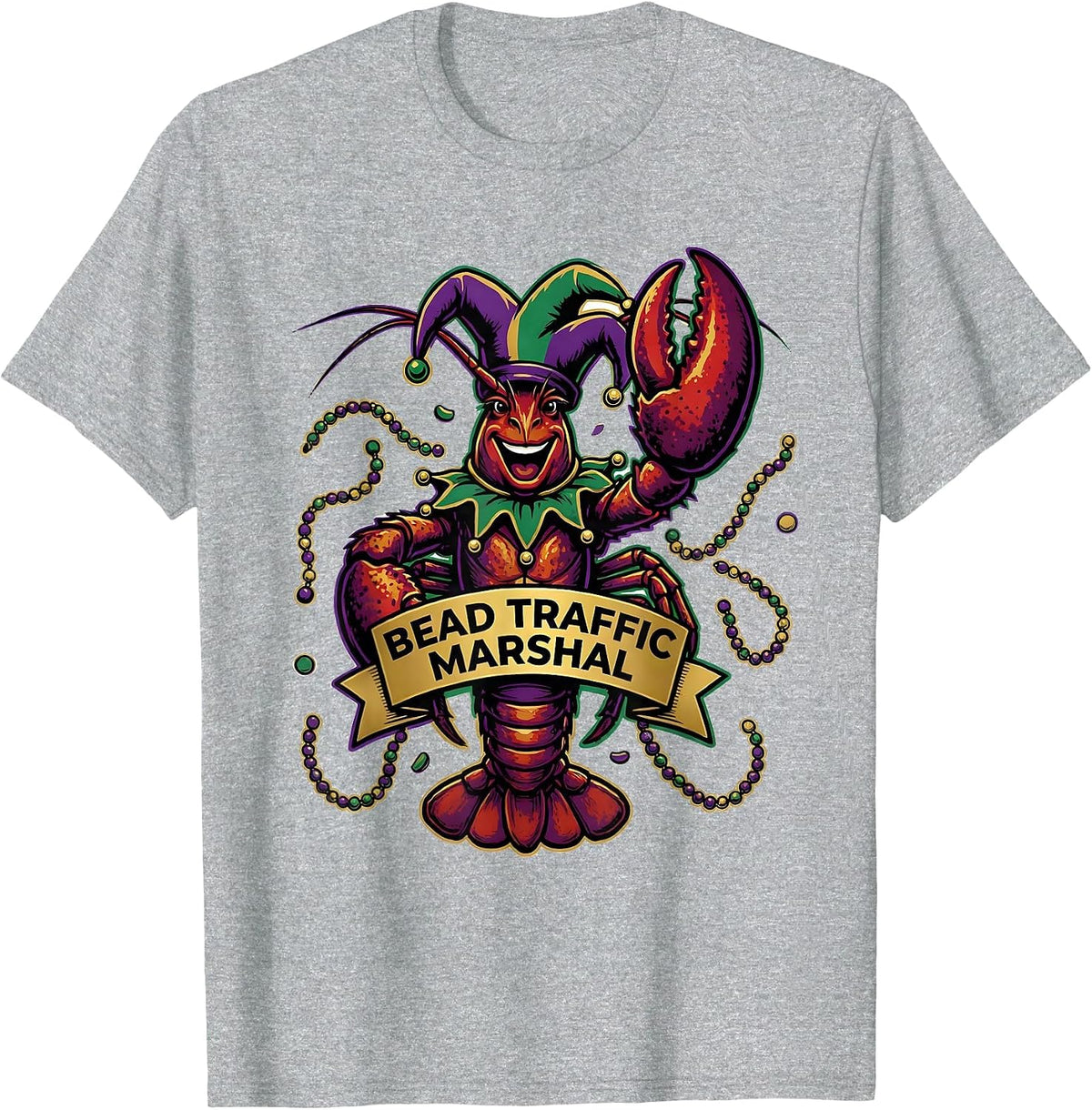 Men's Bead Traffic Marshal Funny Crawfish Jester Mardi Gras Party T-Shirt - Heather Grey