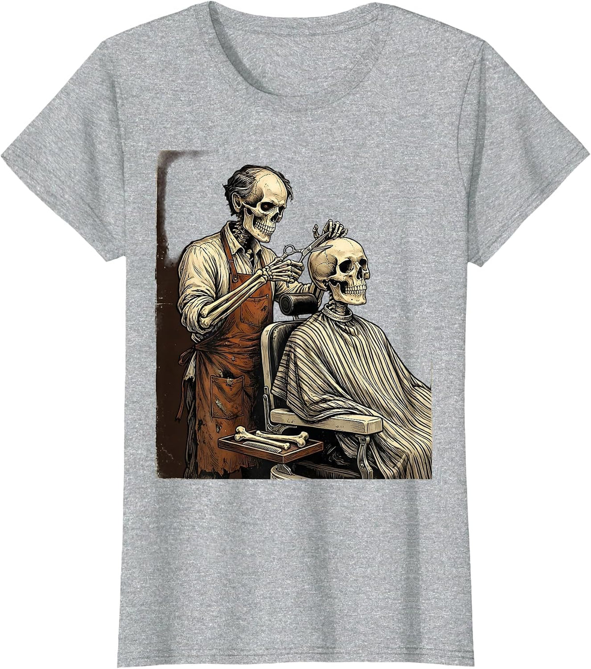 Skeleton Barber Haircut Funny Halloween Graphic T-Shirt - Heather Grey