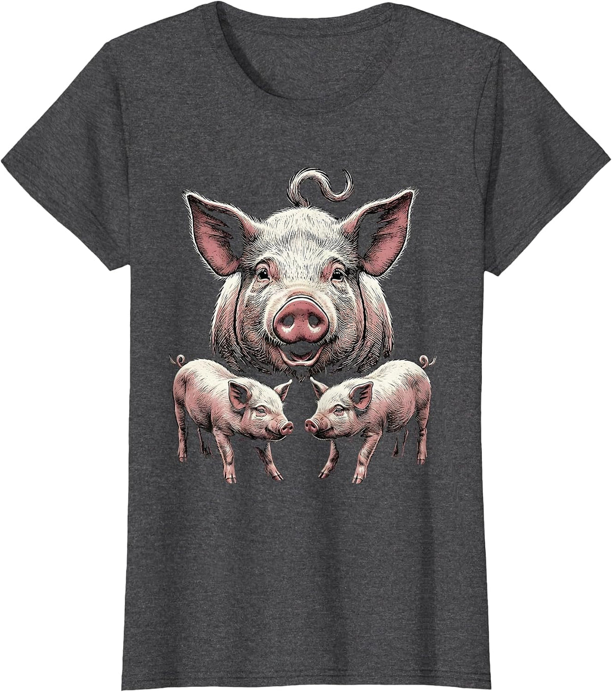 Women's Proud Pig Family Woodcut Engraving Farm Animal Lover Humor T-Shirt - Dark Heather Grey