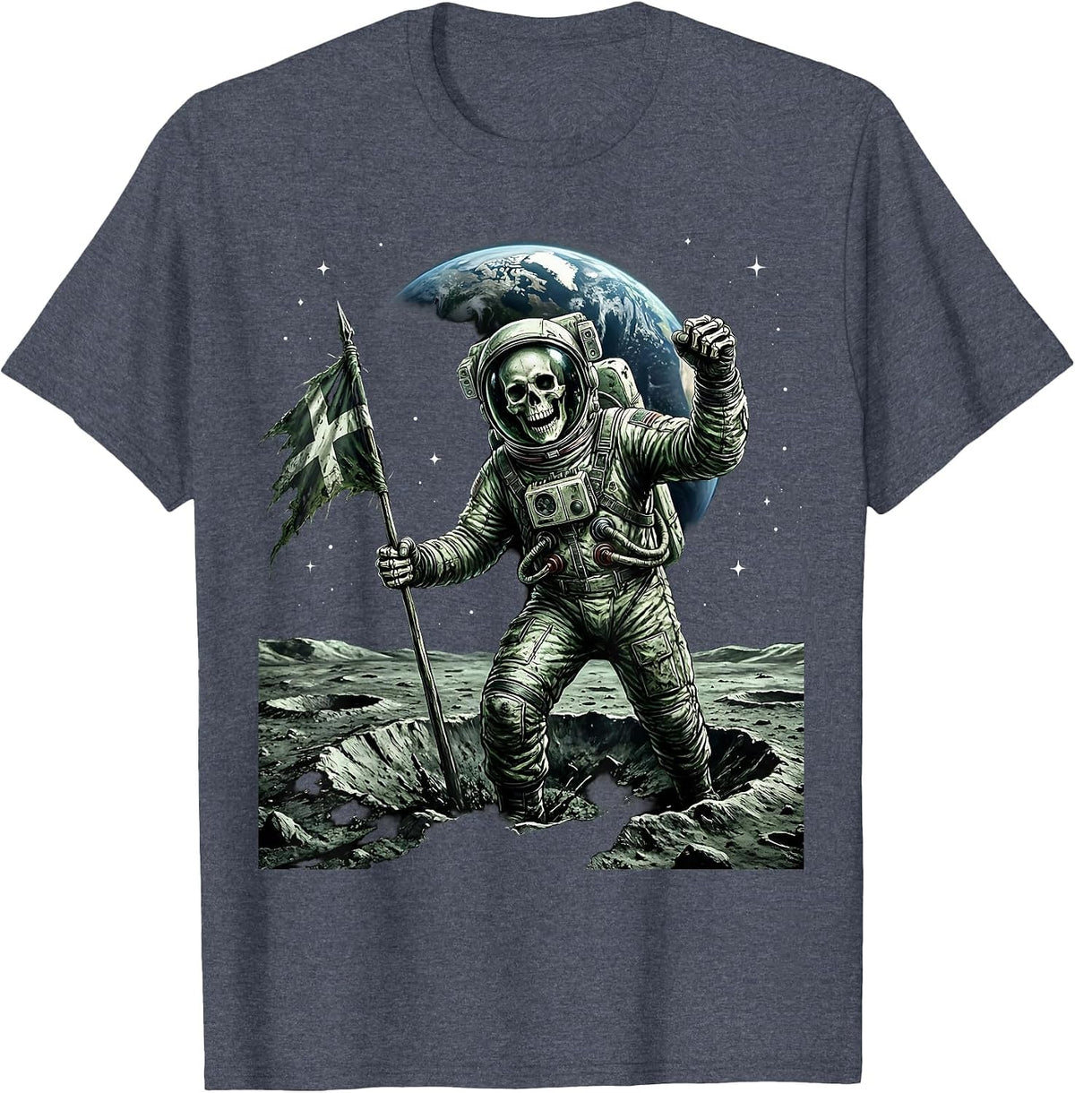 Skeleton Astronaut Planting Flag on Moon T-Shirt - Heather Blue