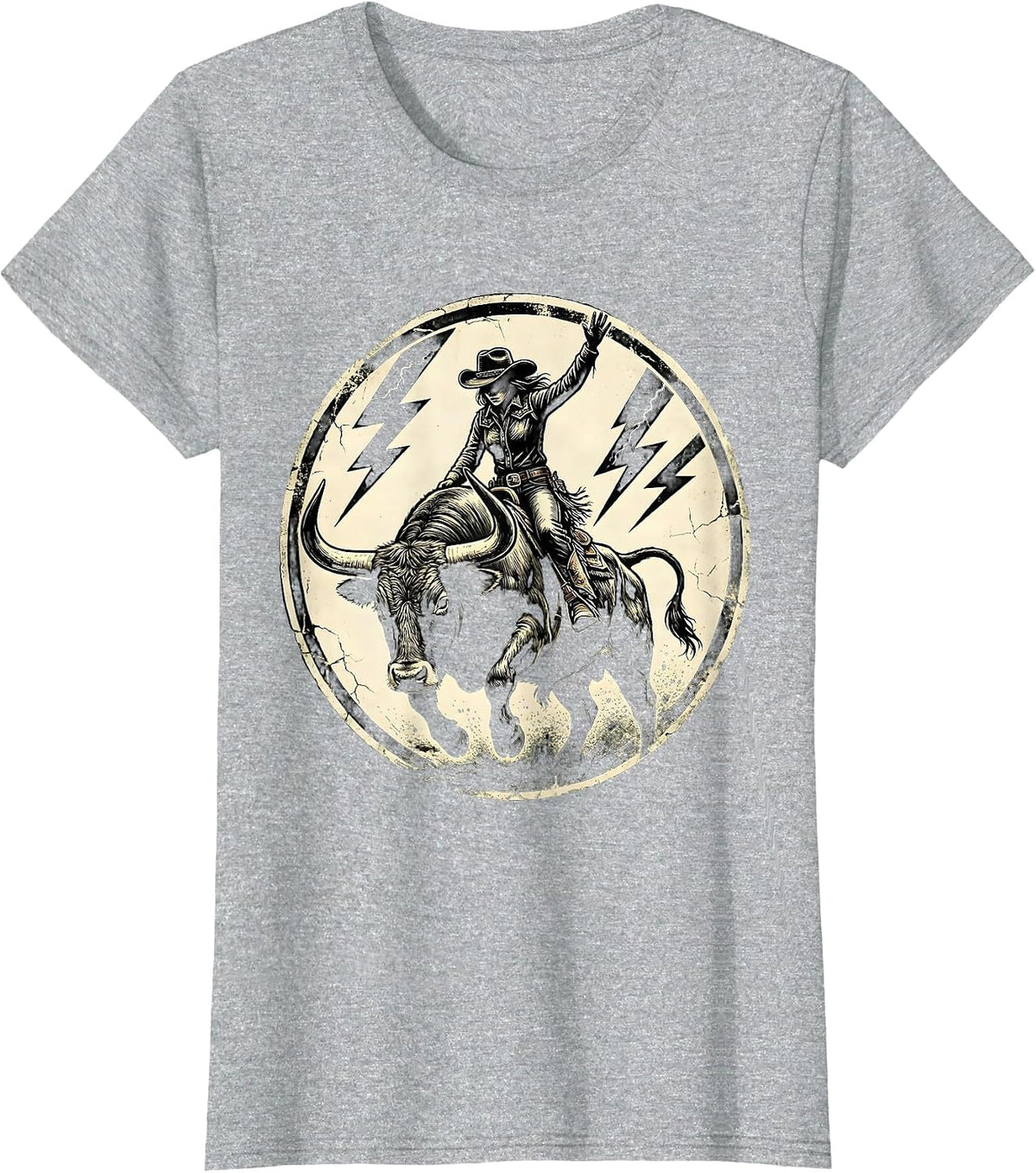 Women's Cowgirl Riding Bull Through Lightning Storm T-Shirt - Heather Grey