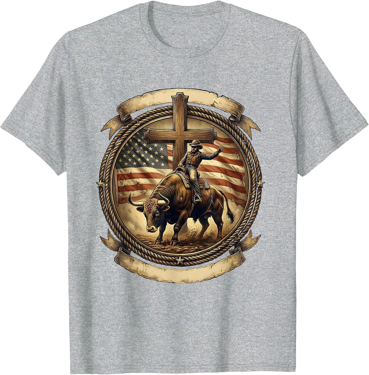 Men's Rodeo Bull Riding Graphic - USA Cowboy Bucking T-Shirt - Heather Grey