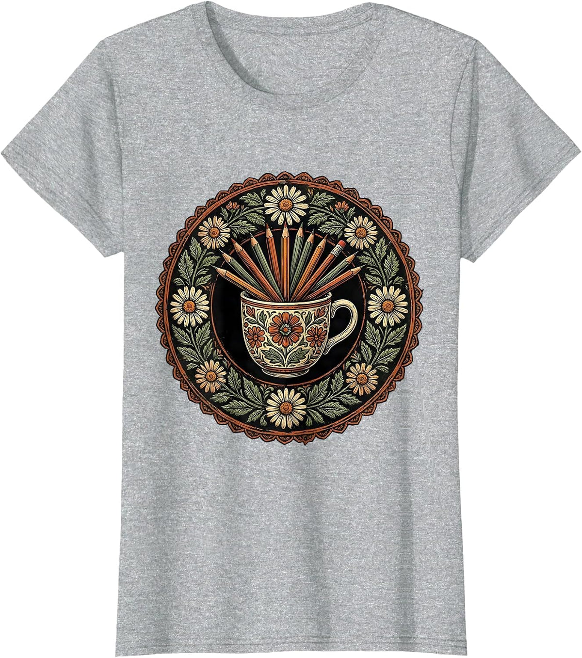 Women's Elementary Teacher Coffee Mug Pencils Graphic T-Shirt - Heather Grey