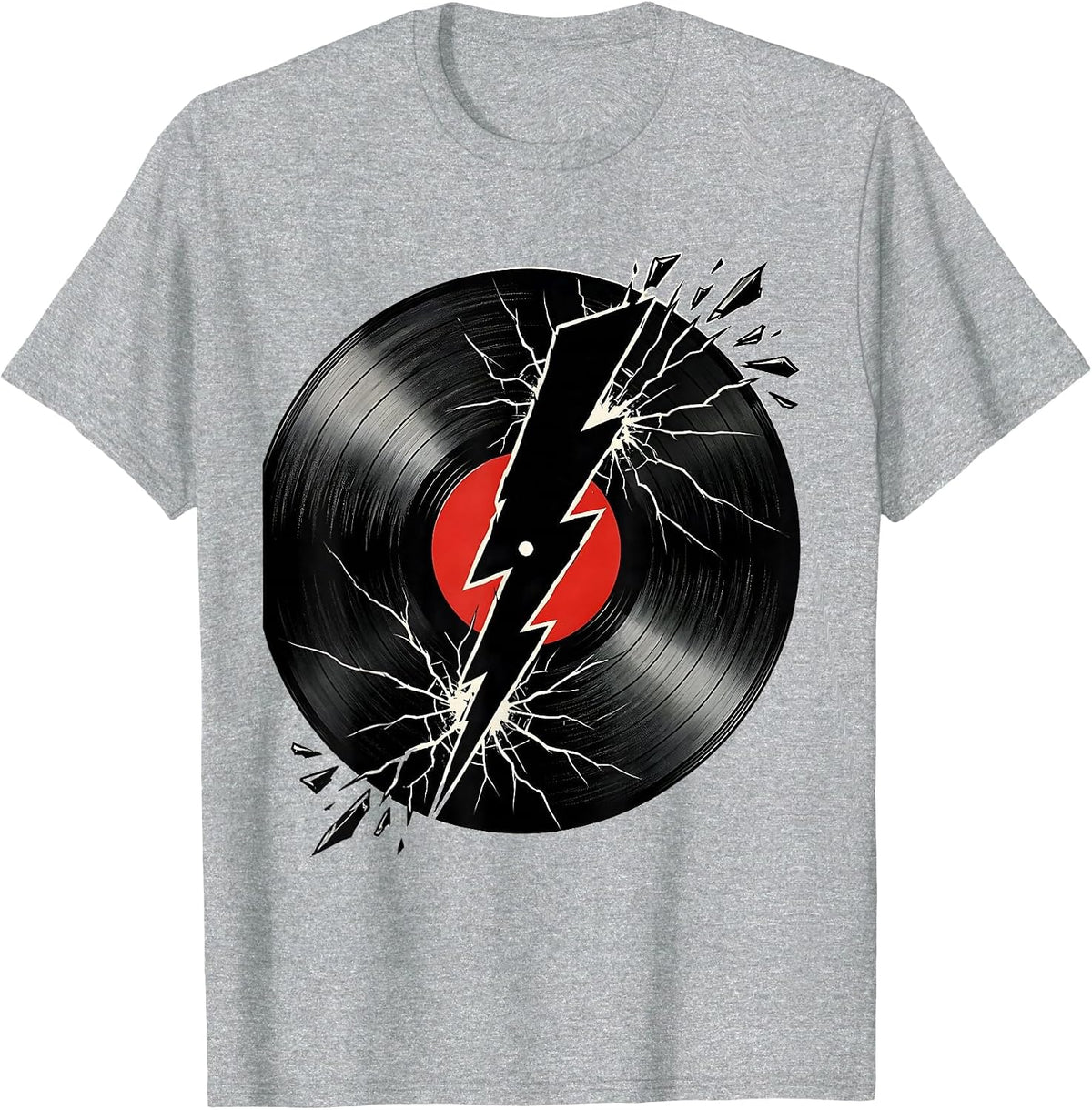 Men's Cracked Vinyl Record Lightning Bolt Rock Music T-Shirt - Heather Grey