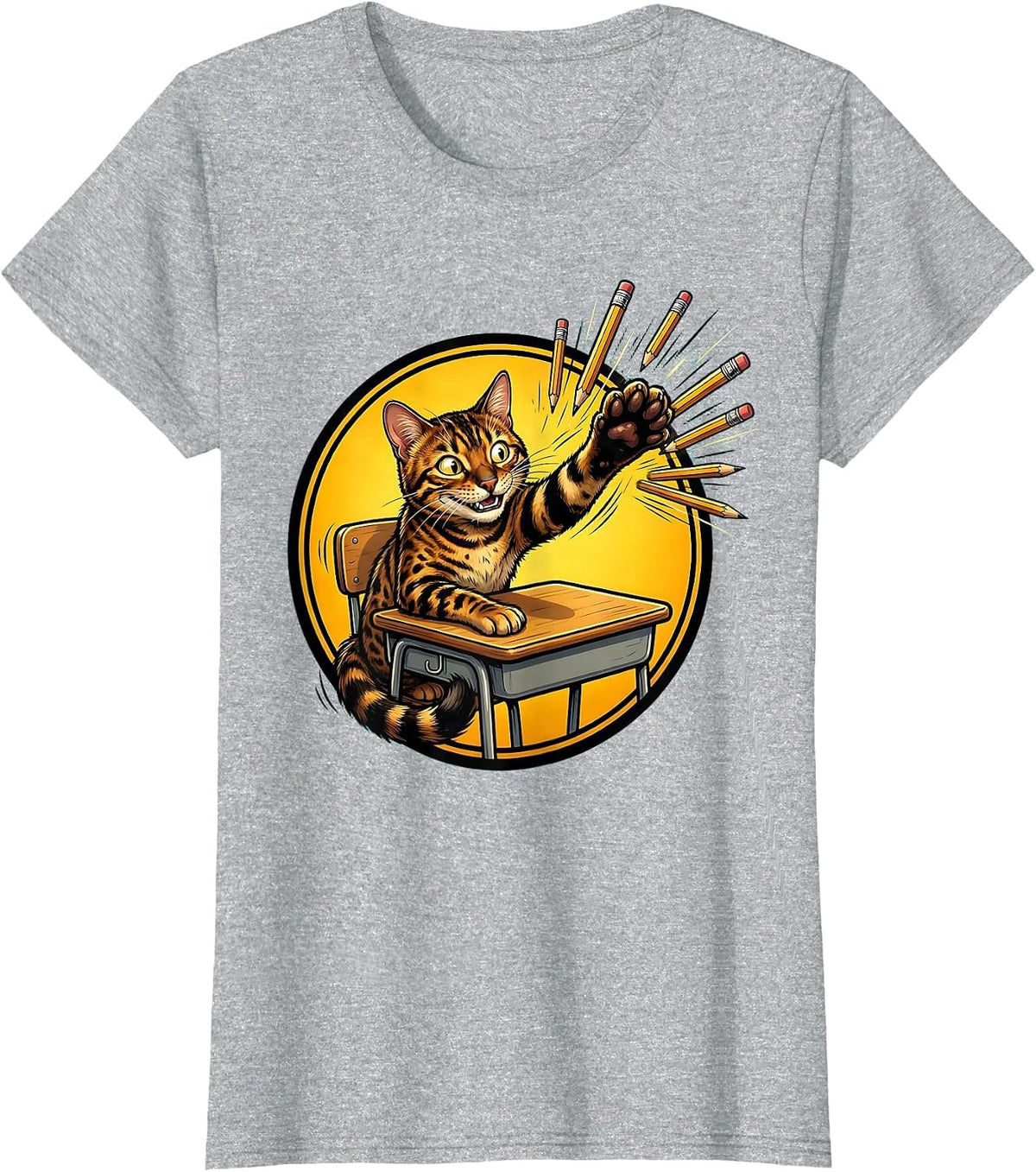 Bengal Cat Back to School Pencil Chaos Design T-Shirt - Heather Grey