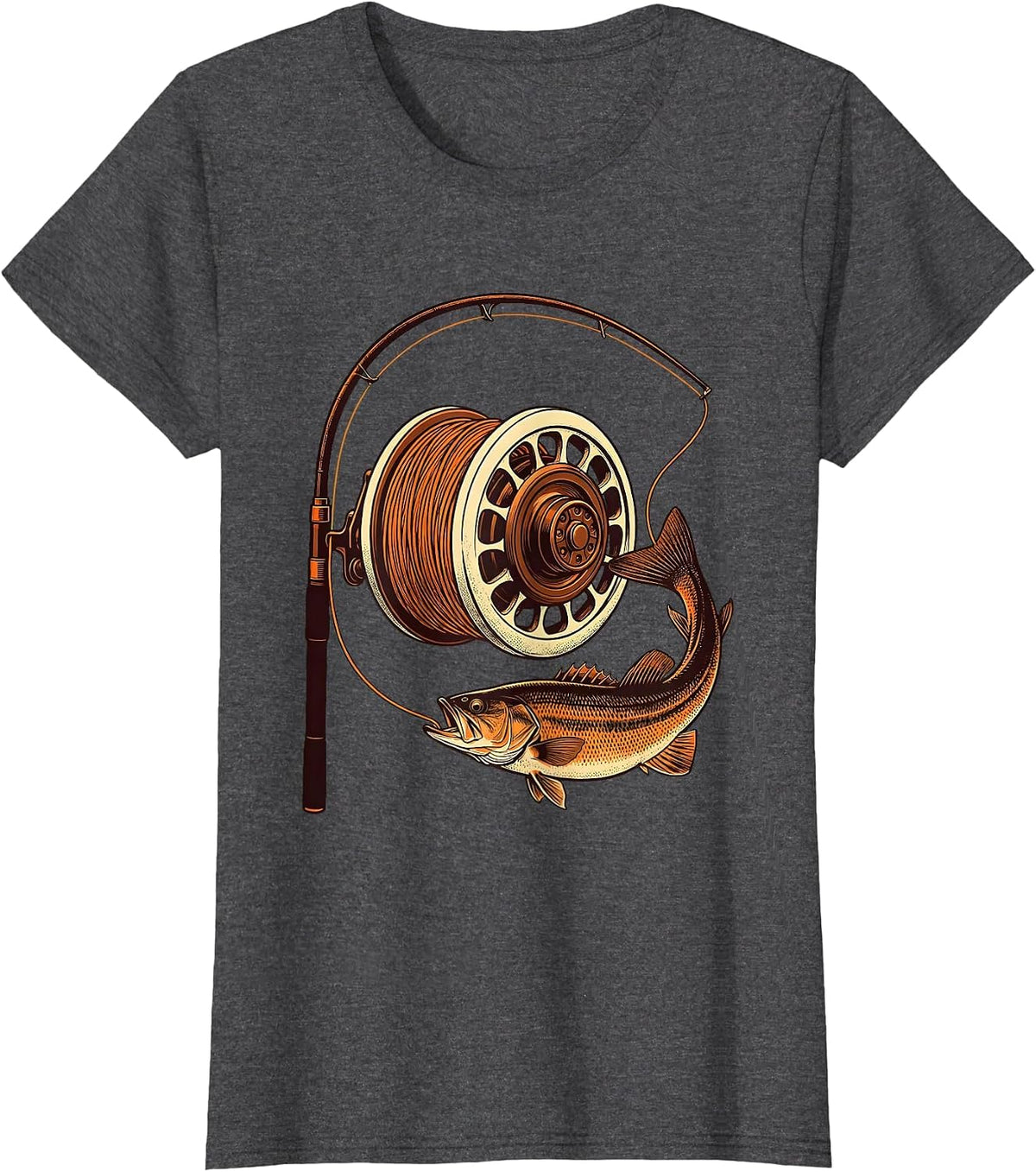Women's Spinning Reel and Bass Fisherman Humor T-Shirt - Dark Heather Grey