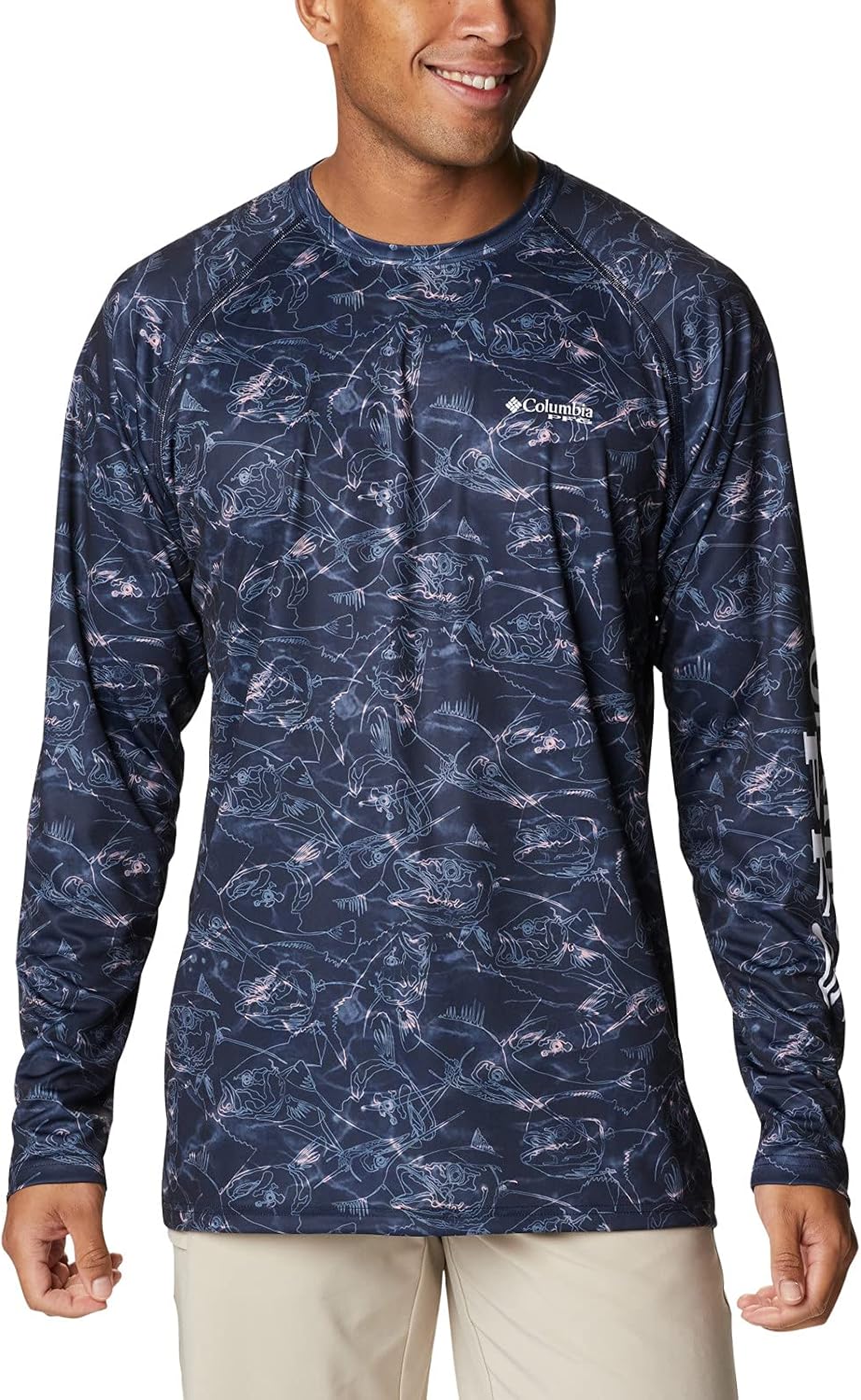 Columbia Mens Super Terminal Tackle Vent Long Sleeve - Collegiate Navy Contour Fish Print