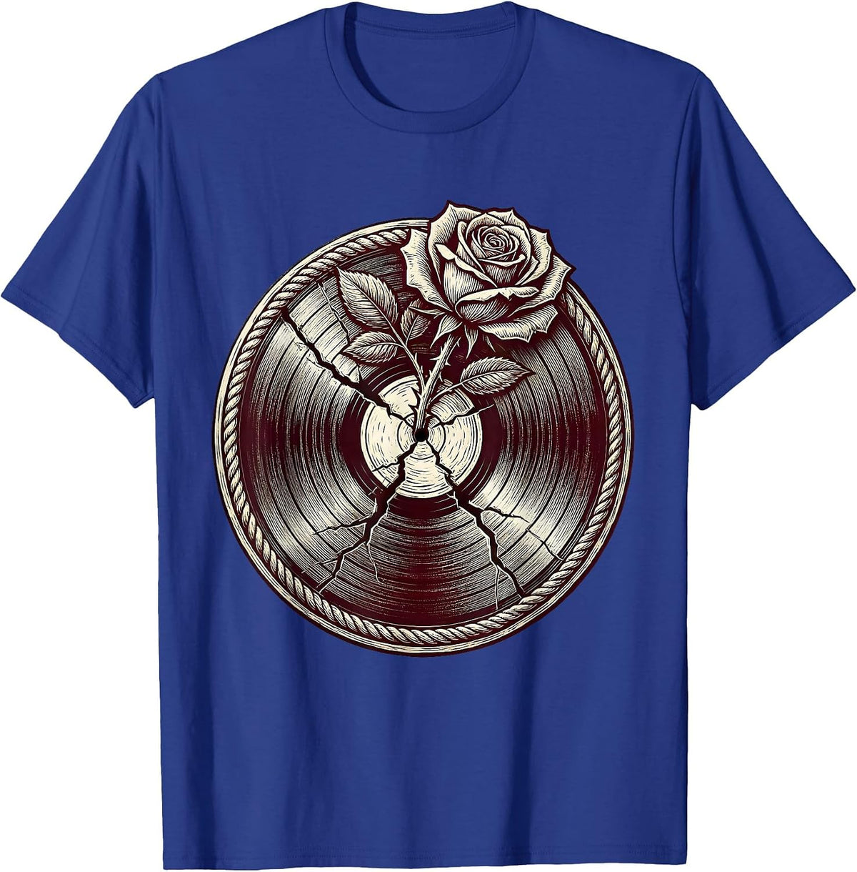 Rose Through Cracked Vinyl Record Rock Art T-Shirt - Royal Blue
