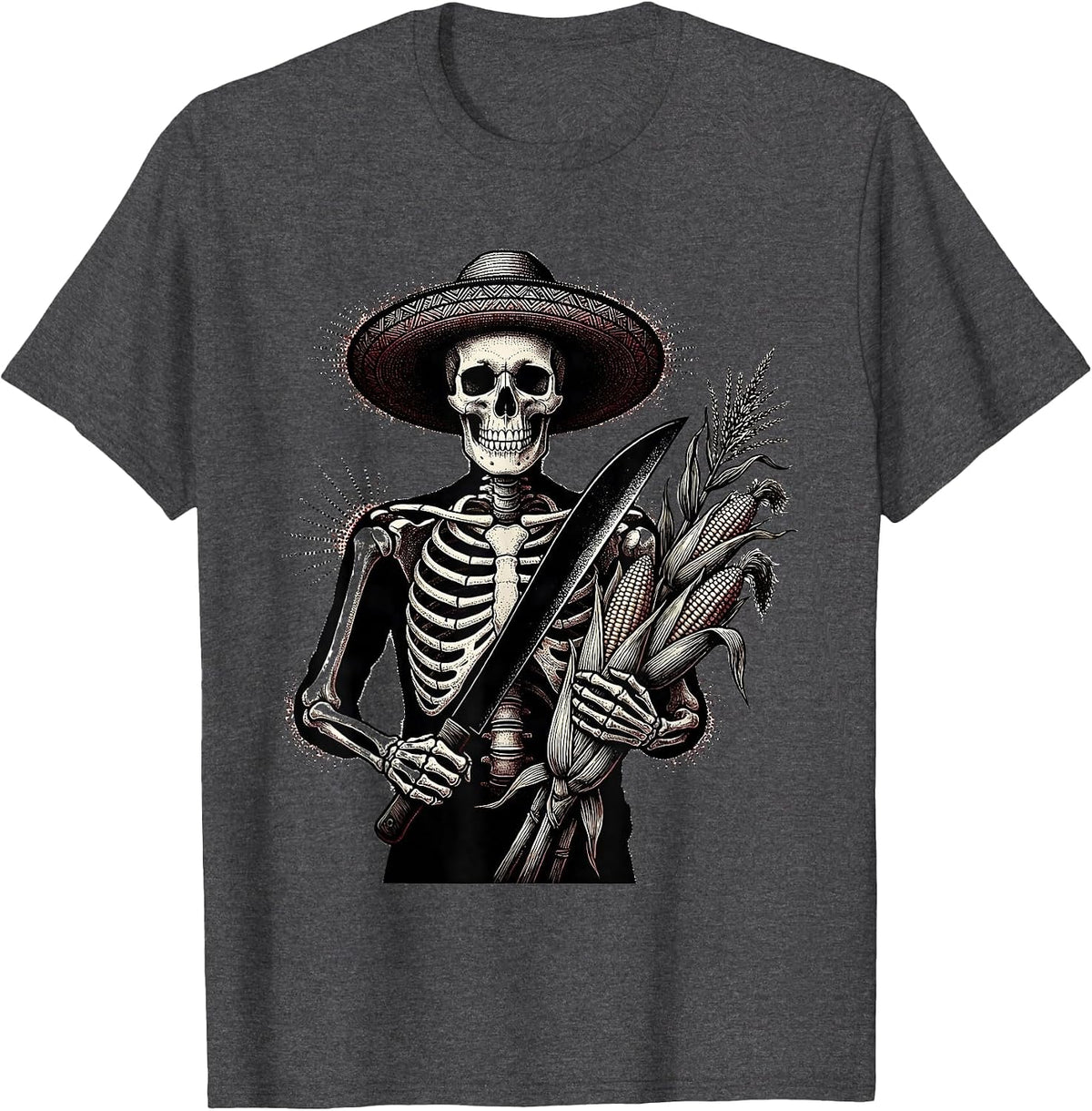 Men's Mexican Skeleton Farmer Machete Corn Graphic T-Shirt - Dark Heather Grey