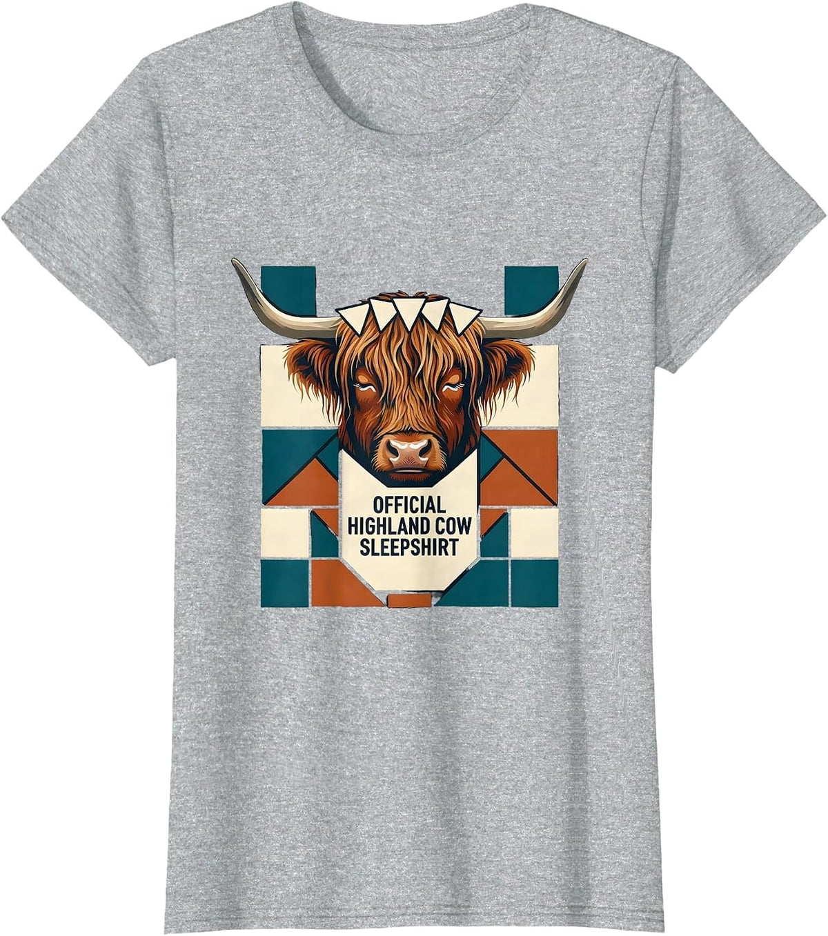 Women's Official Highland Cow Sleepshirt Cozy Quilt Block Patchwork T-Shirt - Heather Grey
