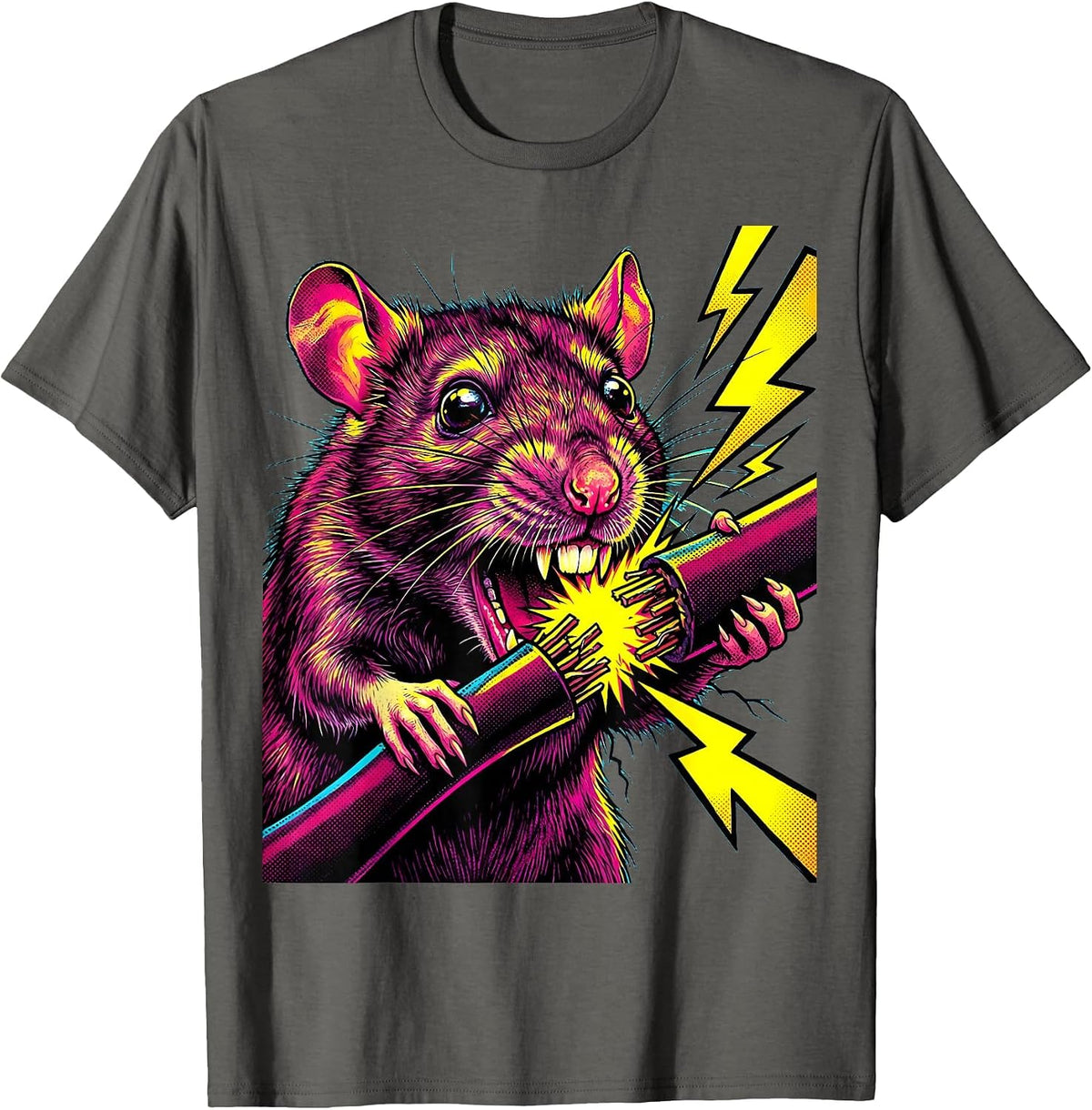 Rat Gnawing Power Cable Sparking Graphic T-Shirt - Asphalt Grey