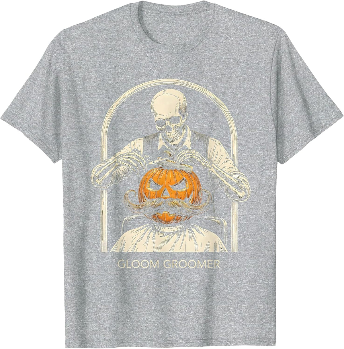 Men's Gloom Groomer Skeleton Barber Halloween Hairstylist Humor T-Shirt - Heather Grey