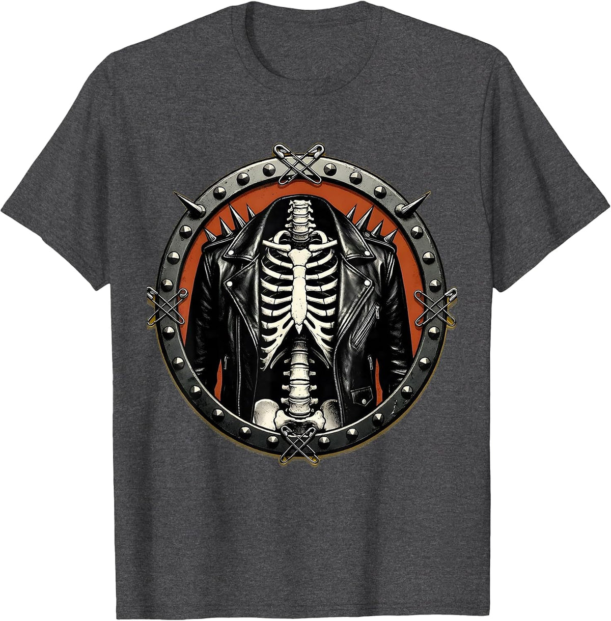 Men's Punk Skeleton Spiked Leather Jacket Graphic T-Shirt - Dark Heather Grey