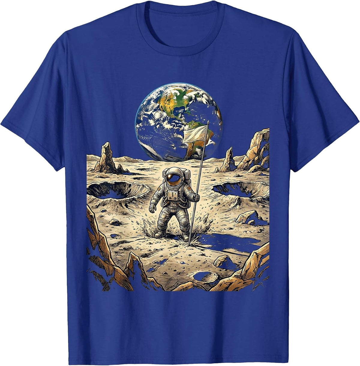 Astronaut Planting Flag on the Moon Illustration T-Shirt - Royal Blue