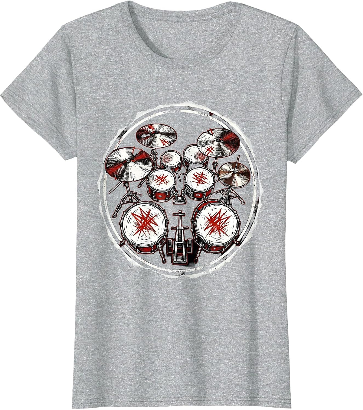 Rock Double Bass Drum Kit Aerial View Graphic T-Shirt - Heather Grey