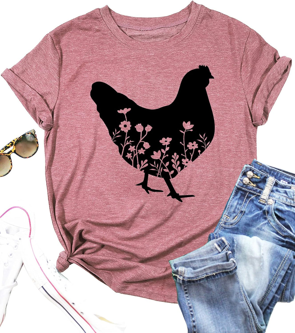 Chicken Shirt for Women Farm Tees Farm Girl T Shirt Funny Chicken Graphic T-Shirt Casual Short Sleeve Tops - Pink2