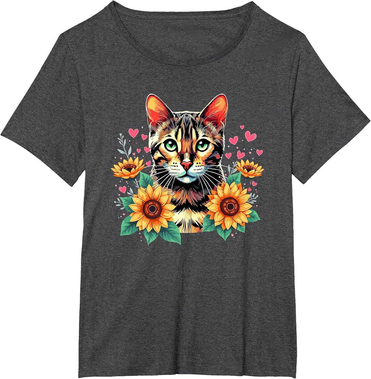 Sunflowers Bengal Cat T-Shirt - Dark Heather Grey