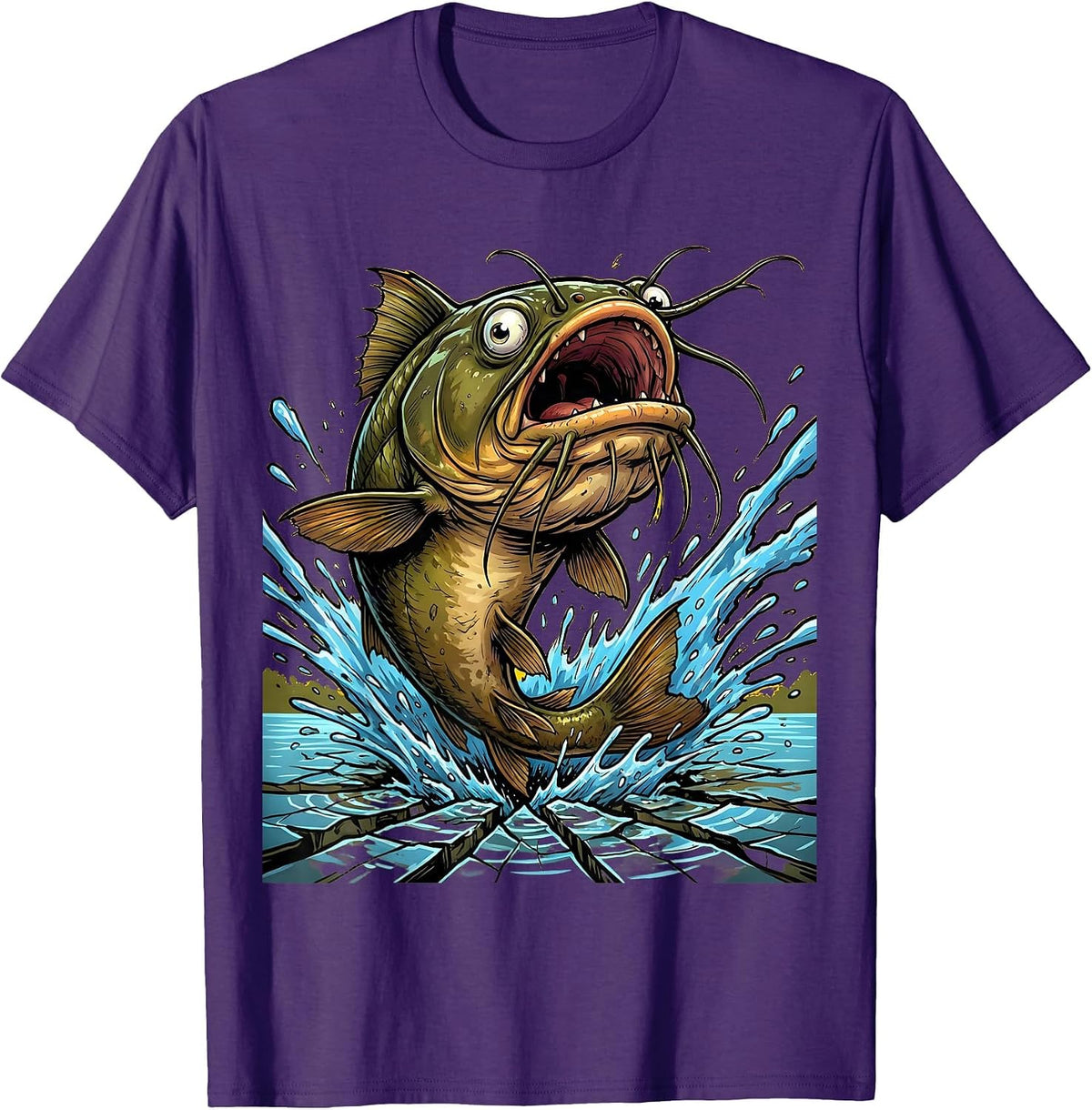 Gigantic Catfish Bursting Through Lake Surface T-Shirt - Purple