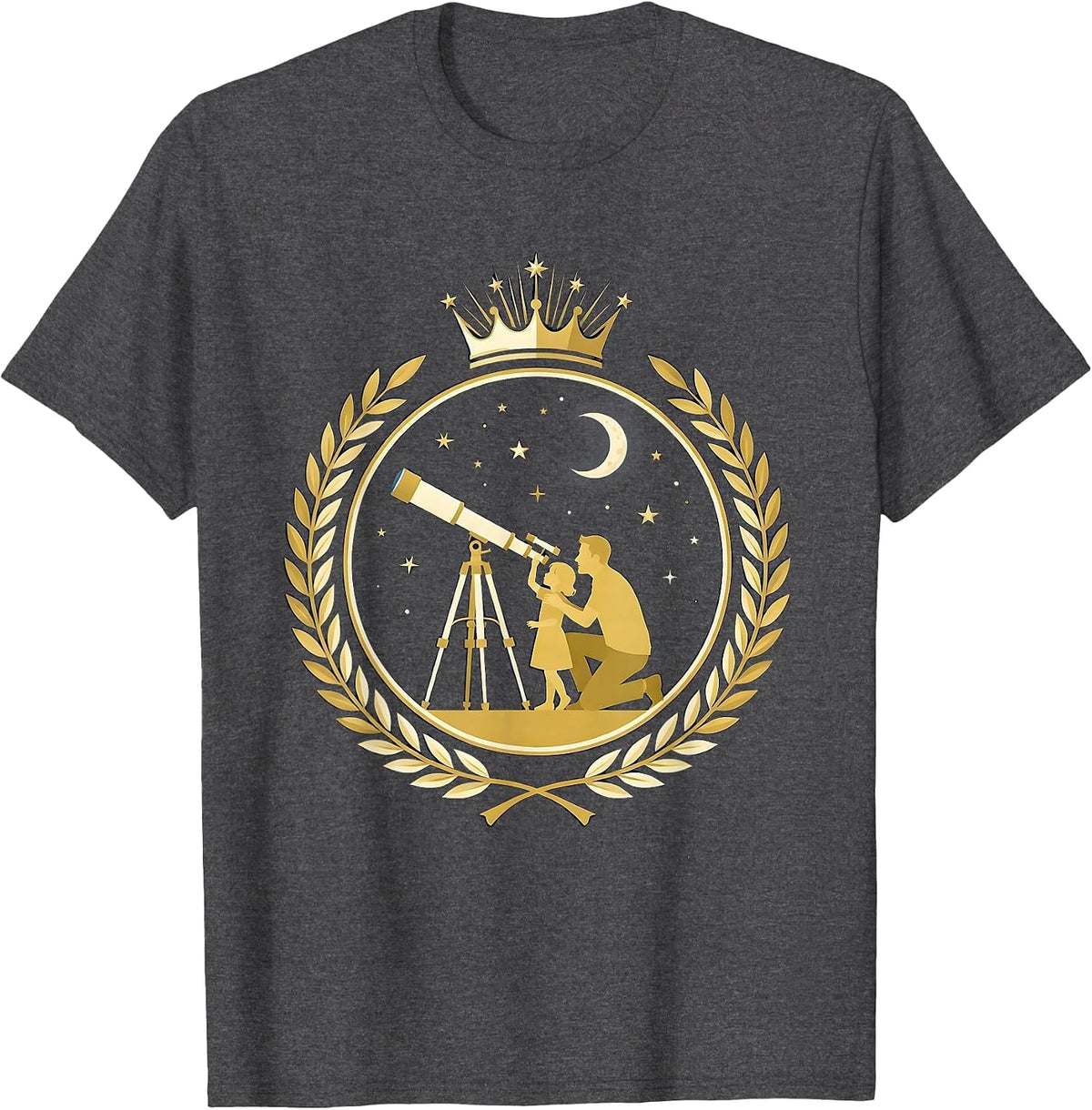 Father Child Stargazing Telescope Night Sky Design T-Shirt - Dark Heather Grey