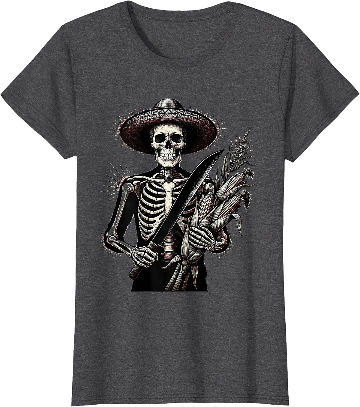 Women's Mexican Skeleton Farmer Machete Corn Graphic T-Shirt - Dark Heather Grey
