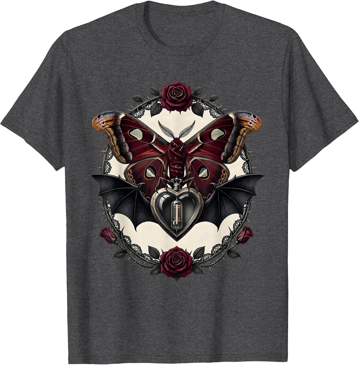 Moth and Glowing Vacuum Tube Rock Graphic T-Shirt - Dark Heather Grey