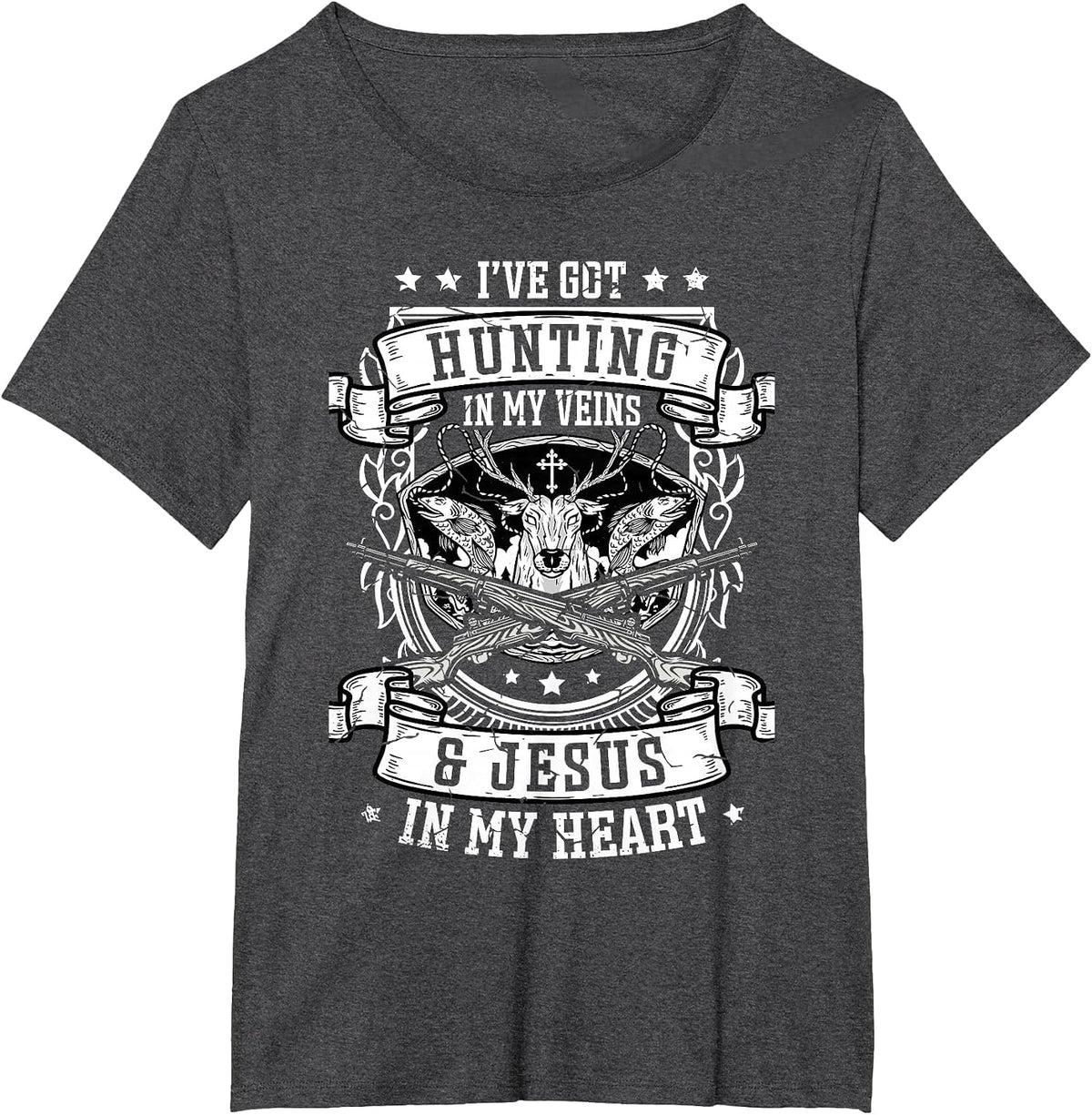 I've Got Hunting in My Veins and Jesus for a Hunter Deer T-Shirt - Dark Heather Grey