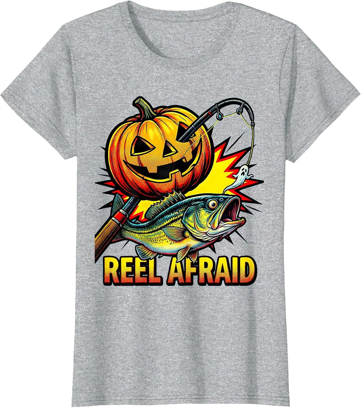 Women's Reel Afraid Pop Art Halloween Fishing Spooky Season T-Shirt - Heather Grey