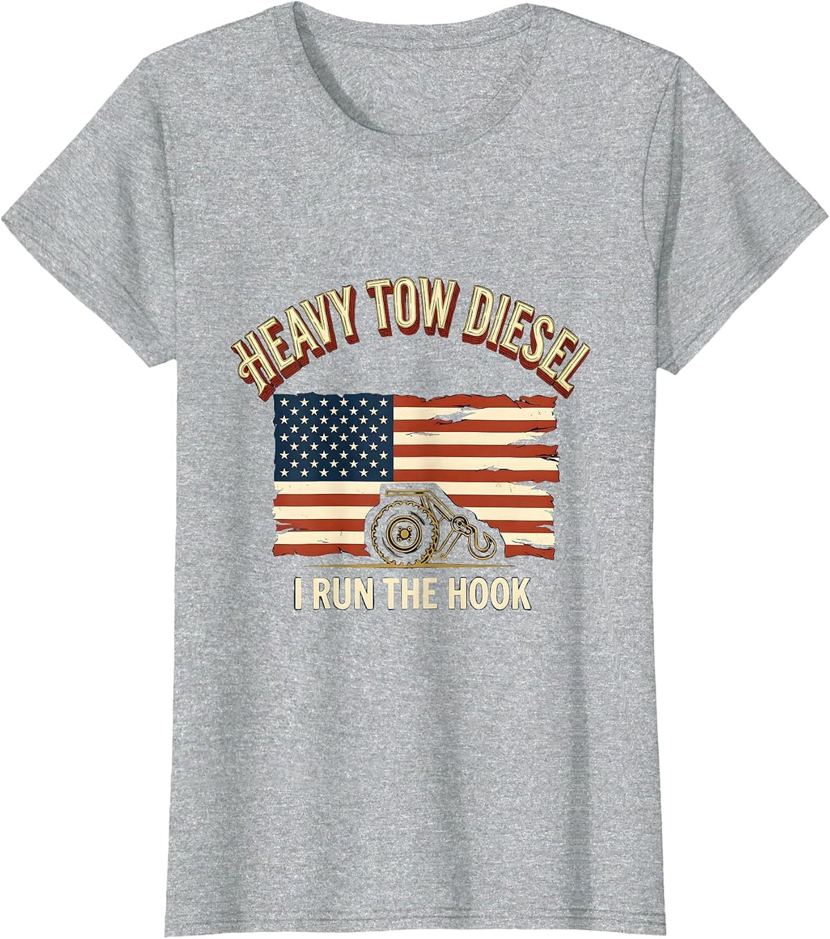 Heavy Tow Diesel I Run The Hook Distressed American Flag T-Shirt - Heather Grey