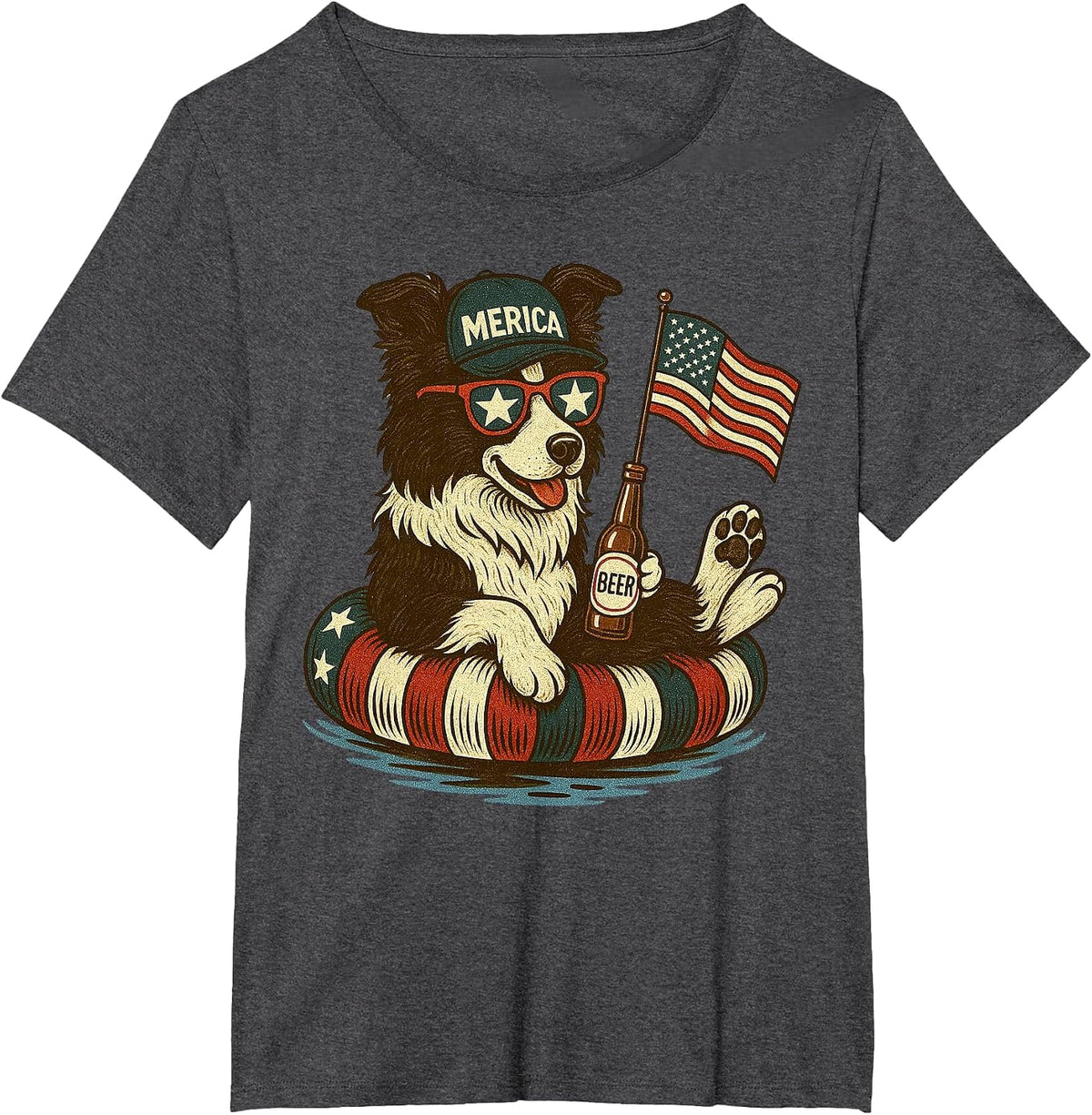 Border Collie America Flag Patriotic Boxer Dog Lover 4th of T-Shirt - Dark Heather Grey