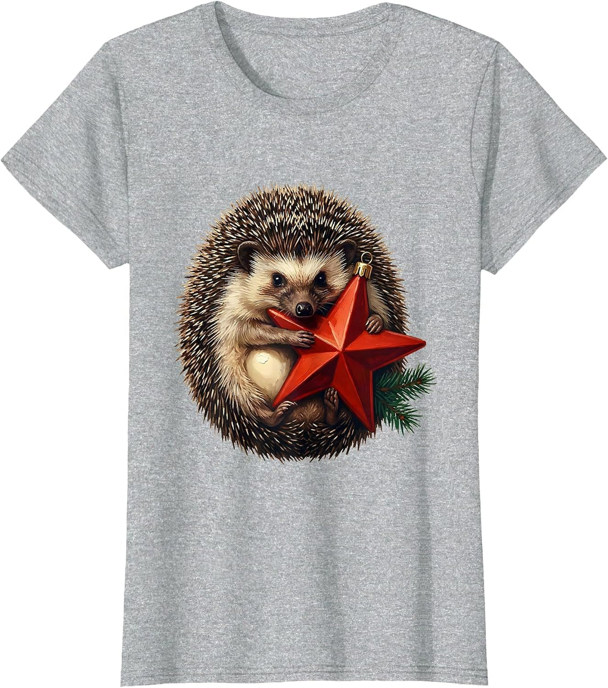 Women's Rounded Hedgehog Hugging Star Cute Christmas Animal Lover T-Shirt - Heather Grey