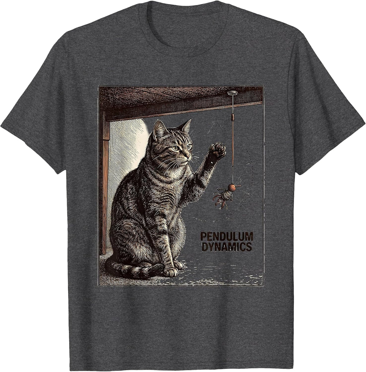 Men's Pendulum Dynamics Funny Cat Physics Humor Science Teacher T-Shirt - Dark Heather Grey