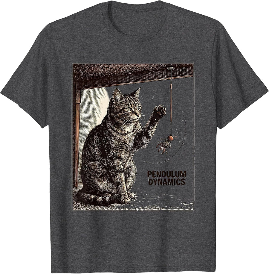 Men's Pendulum Dynamics Funny Cat Physics Humor Science Teacher T-Shirt - Dark Heather Grey
