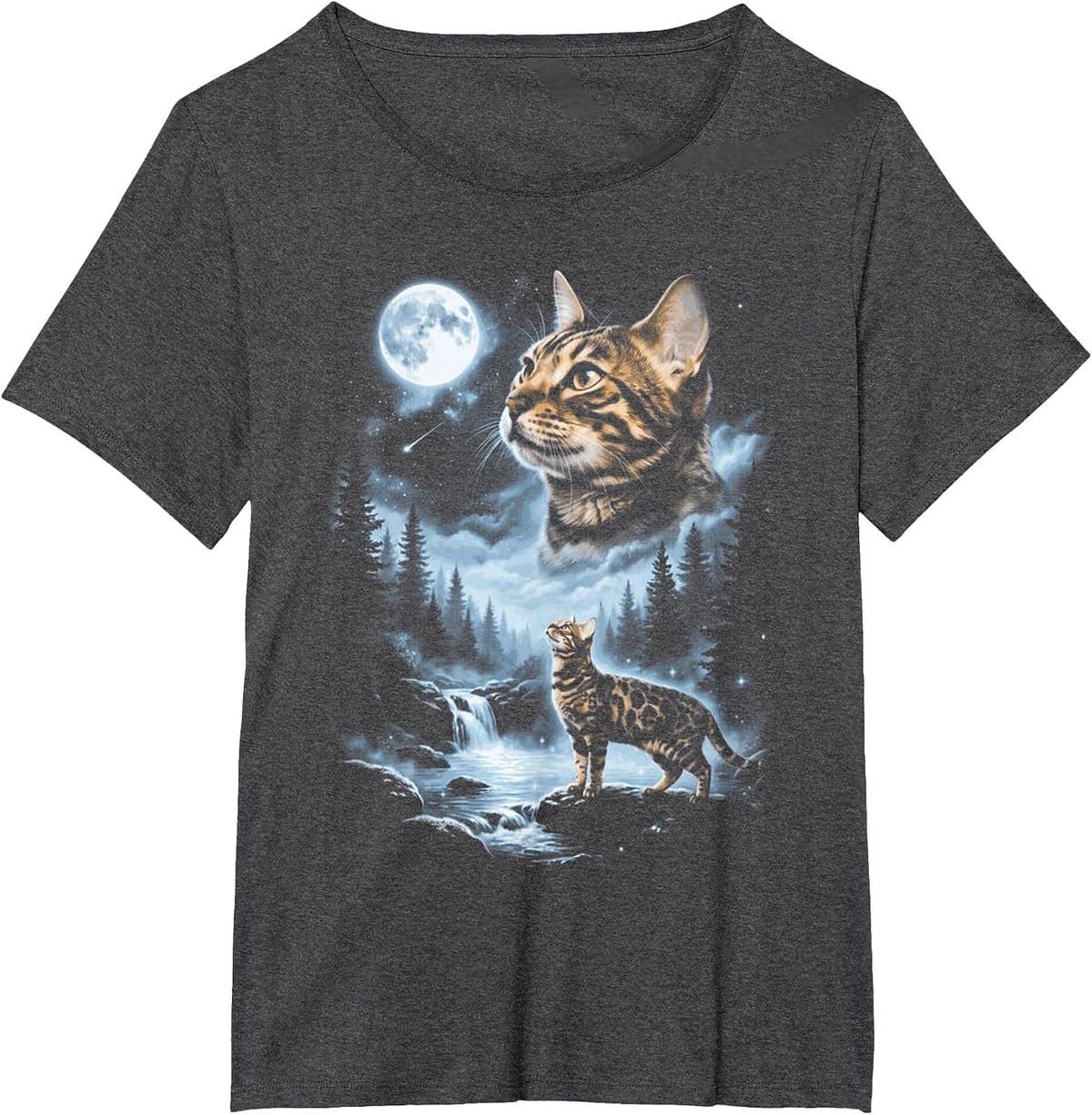 Bengal Cat Howling at the Moon, Funny Halloween Design T-Shirt - Dark Heather Grey