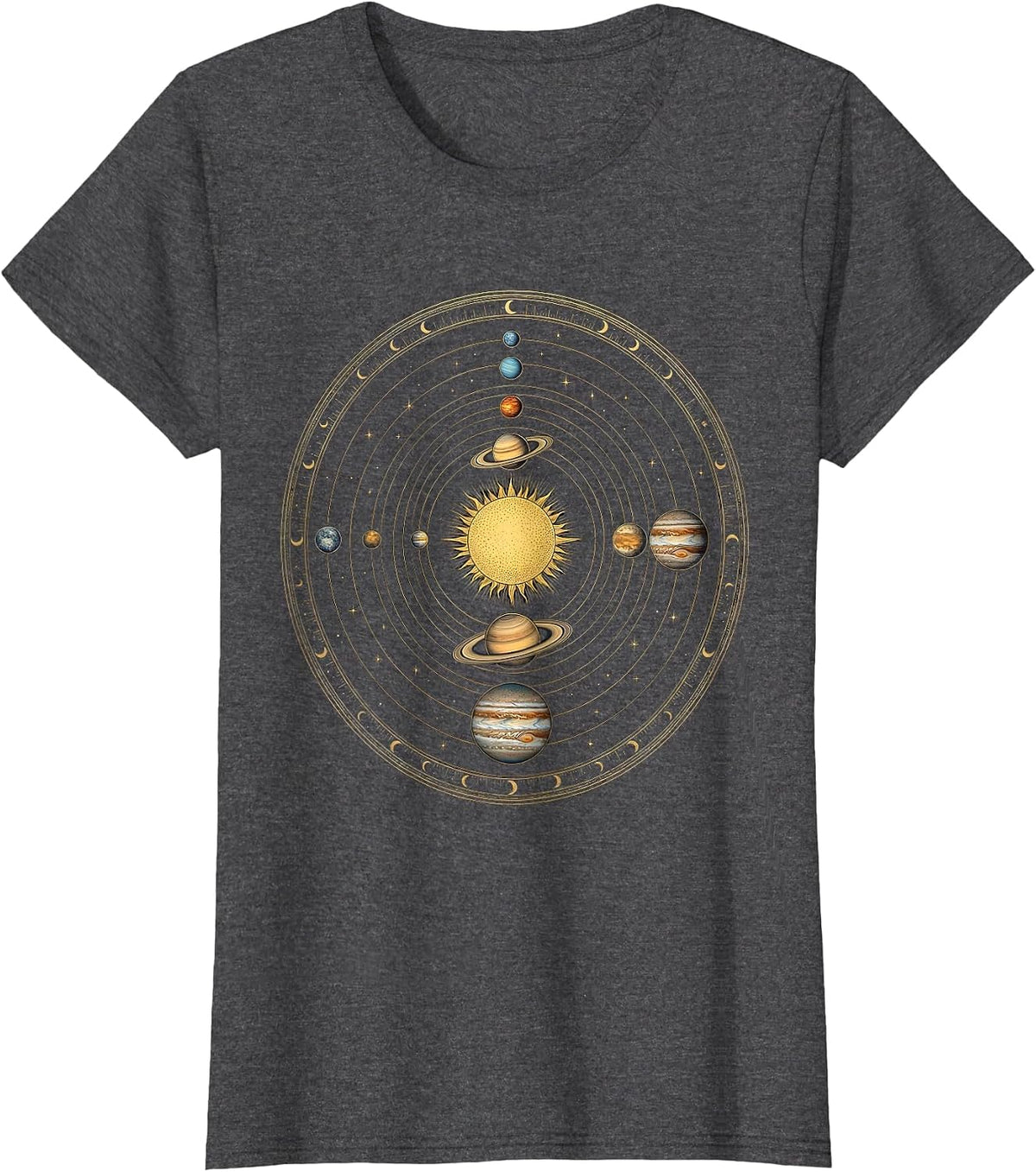 Women's Solar System Planets Overhead View Galaxy Design T-Shirt - Dark Heather Grey
